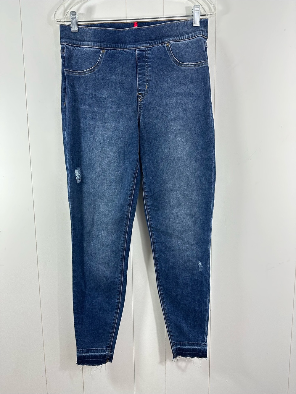 Spanx Skinny Denim Blue Jeans Sz L Womens Distressed Raw Hem Pull On Leggings